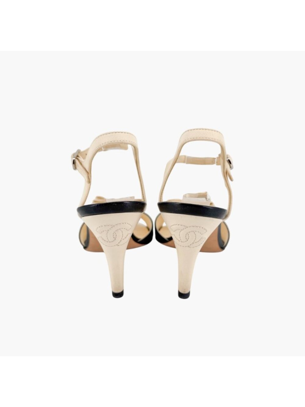 Chanel CC Crystal Star Bow Sandals Heels Cream Black Size 37.5 US 6.5-7 Women's - Picture 6 of 16